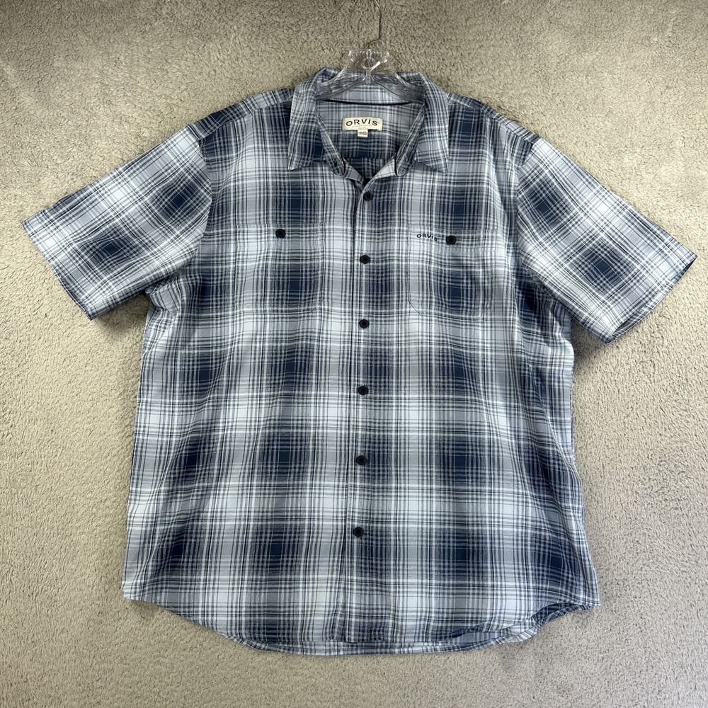 Orvis Shirt Men XL Blue Plaid Short Sleeve Button Up Outdoor Fishing Performance